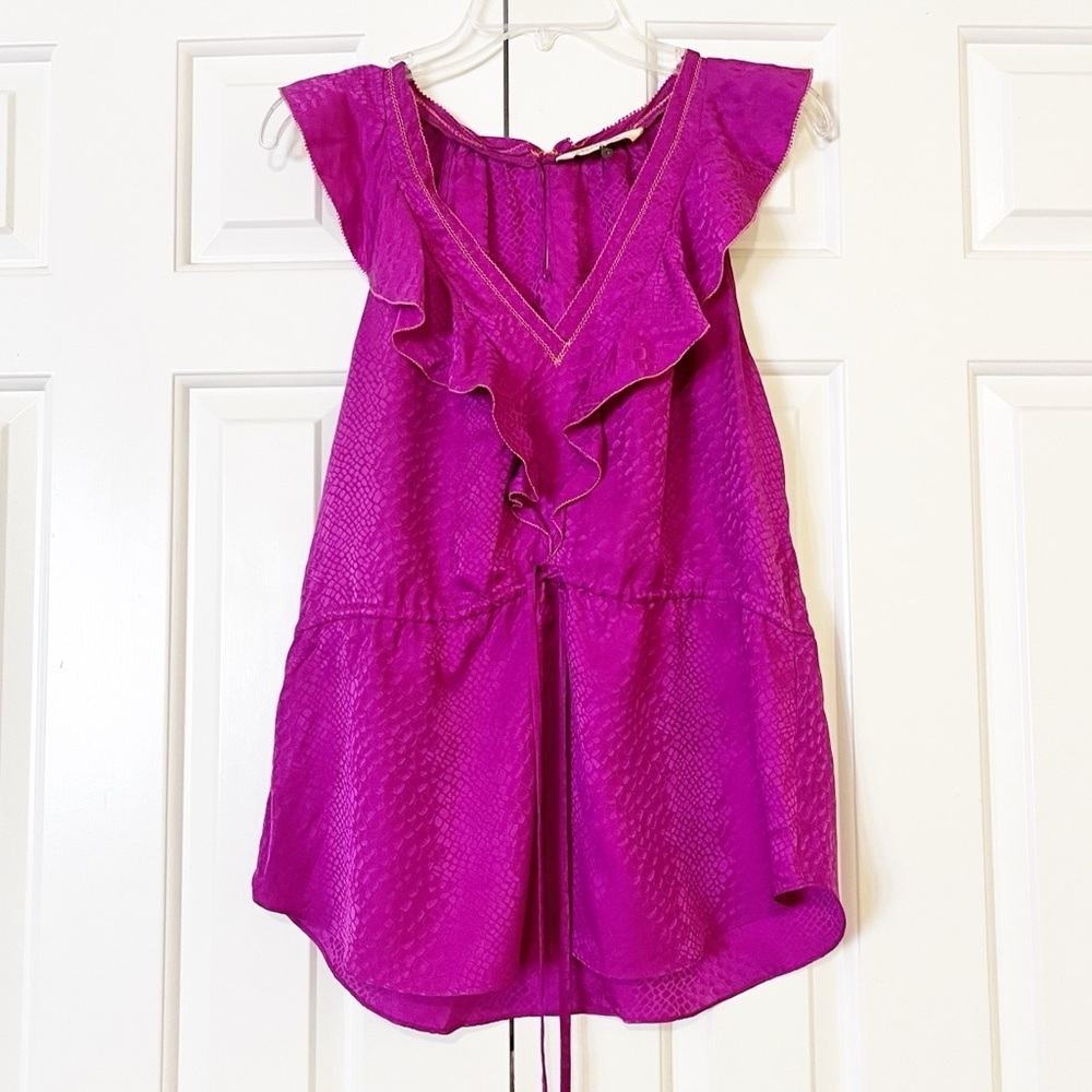 Rebecca Taylor sleeveless v-neck 100% silk flounce blouse w/ waist tie. Size 10 - Picture 6 of 16